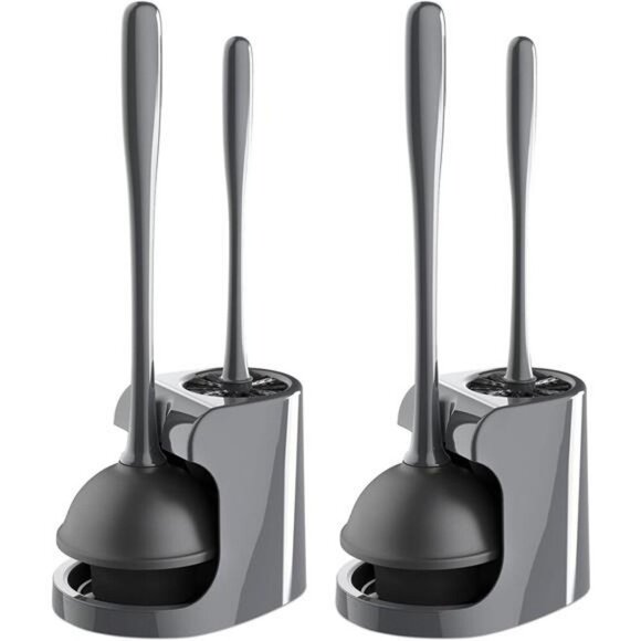 Toilet Plunger and Brush Set Bathroom Cleaning Tool with Holder Gray 2 Pack - Picture 1 of 8